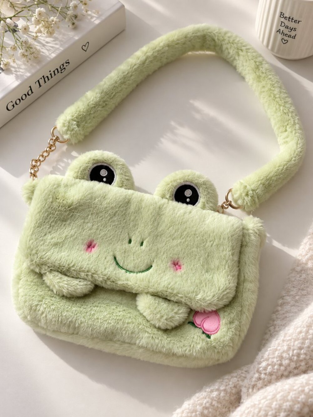 Cute Green Plush Frog Shoulder Bag Kawaii Cartoon Fuzzy Purse Gold Chain